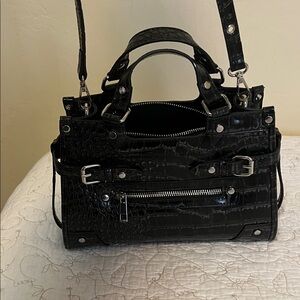 Bershka Black Croc-Embossed Satchel